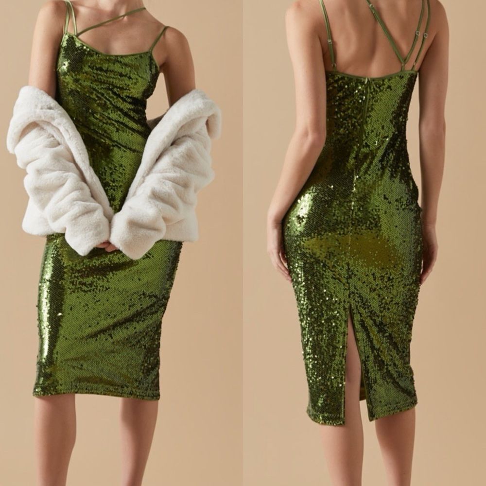 Audrey Parks + Francesca’s Sequin Olive Green Midi Dress